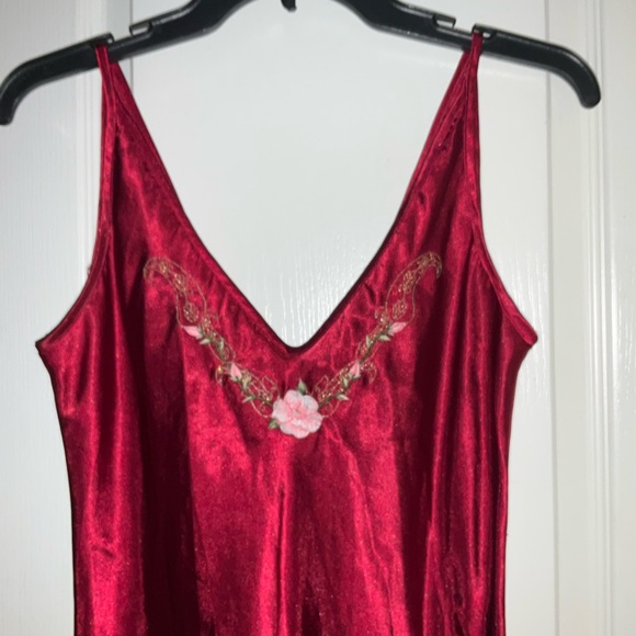 California Dynasty Floral Embroidery Trimmed Burgundy Full Length Nightgown - Picture 2 of 5